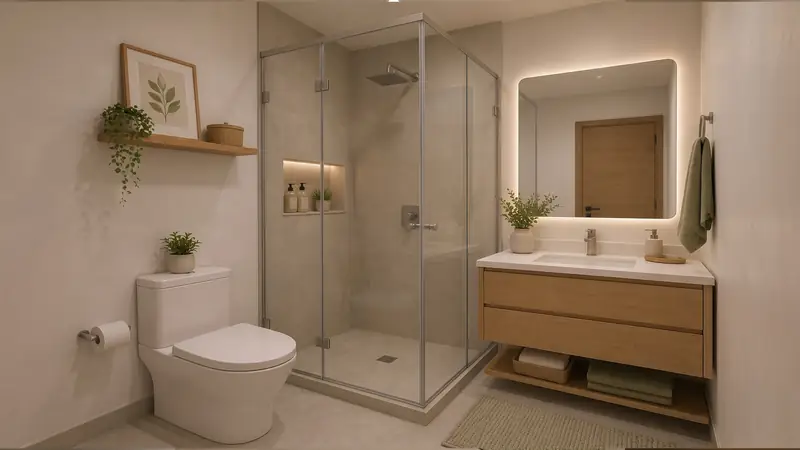 Baño moderno con ducha de vidrio y mueble de madera