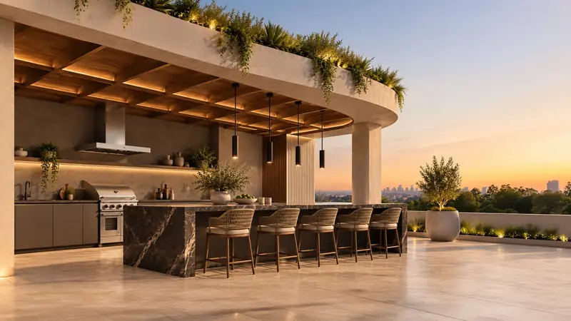 Zona BBQ con barra y pérgola de madera en la terraza al atardecer