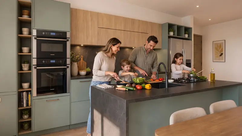Cocina de departamento con isla y familia cocinando