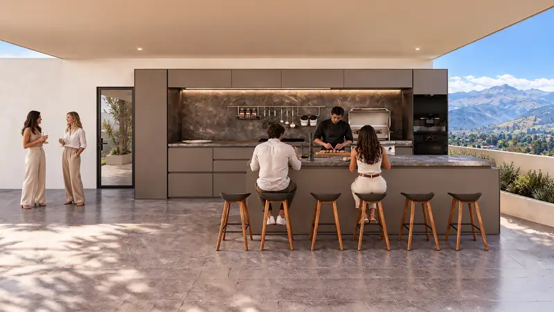 Cocina gourmet comunal con barra y vista a los valles de Tumbaco