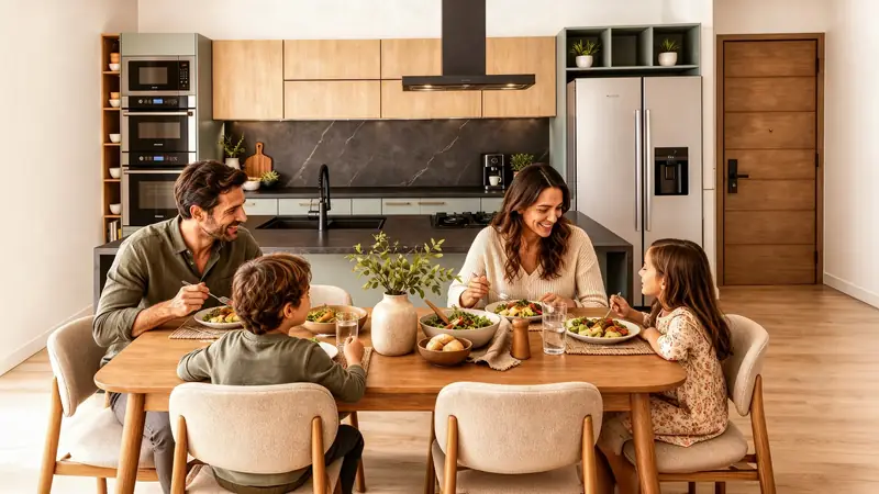 Familia compartiendo en el comedor de un departamento de Marquesa de Almarza