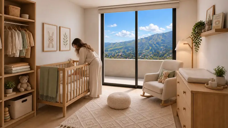 Dormitorio infantil con cuna y ventanal con vista a la montaña