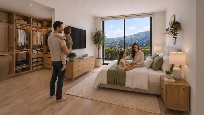 Dormitorio principal con vestidor y ventanal hacia las montañas