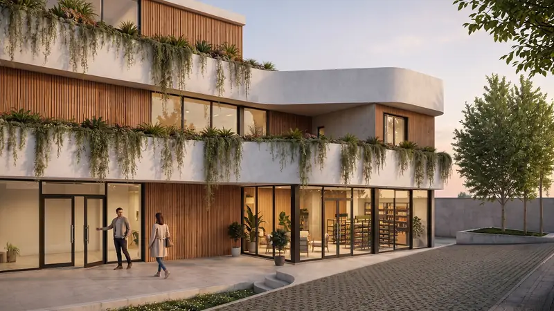 Fachada de Marquesa de Almarza con terrazas y jardineras colgantes en Tumbaco