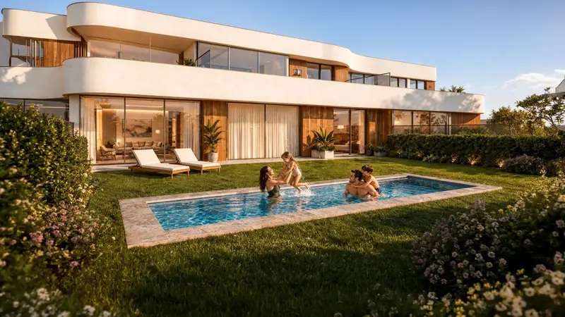 Familia disfrutando la piscina y el jardín de Marquesa de Almarza