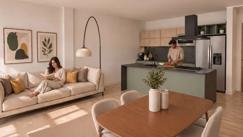 Sala y cocina abierta con comedor y luz natural