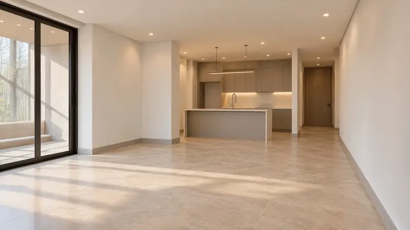 Espacio social del departamento en acabados con cocina al fondo