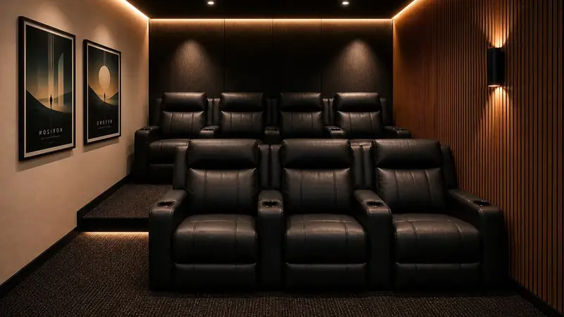Sala de cine privada con butacas reclinables de cuero