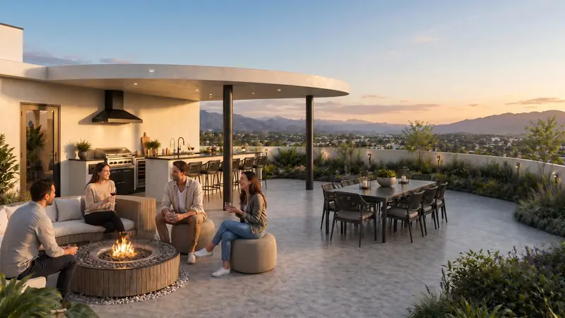 Terraza comunal con fogata, comedor exterior y vista al atardecer